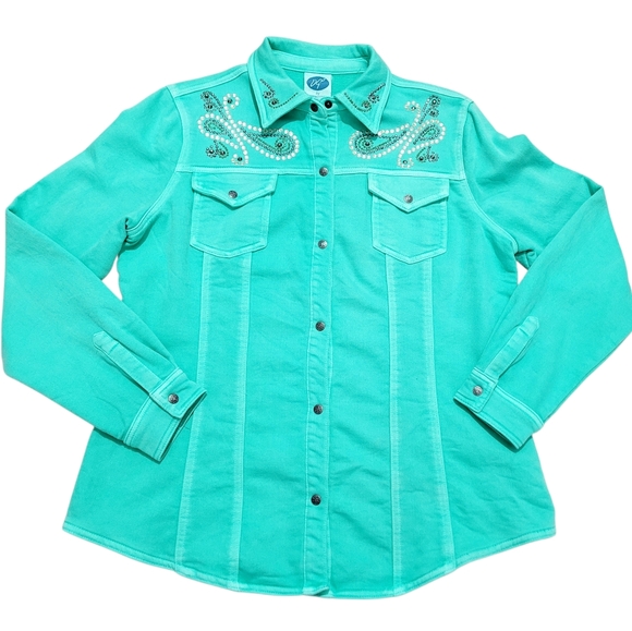 DG2 by Diane Gilman Turquoise Embellished Snap Front Jacket Shirt Women’s Medium - Picture 7 of 13
